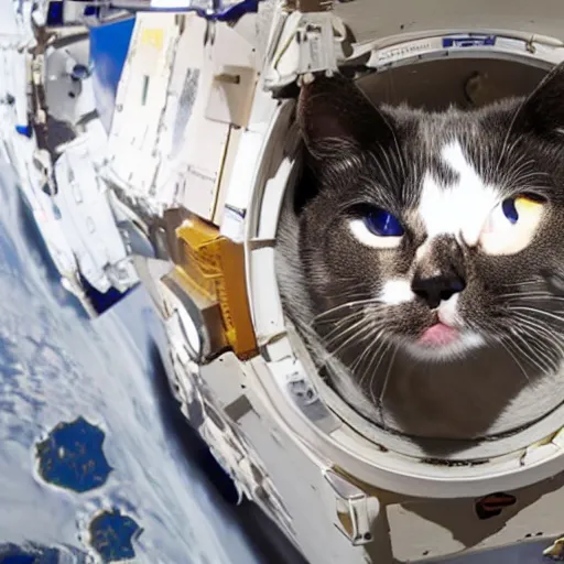 Image similar to Photo of a cat floating inside the ISS, realistic award-winning