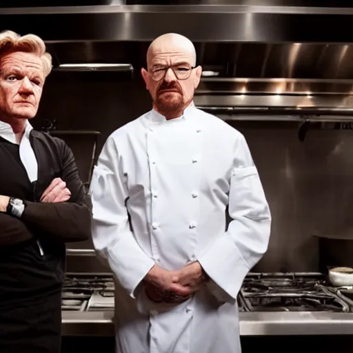 Prompt: walter white in a stareoff with gordon ramsay, high quality image