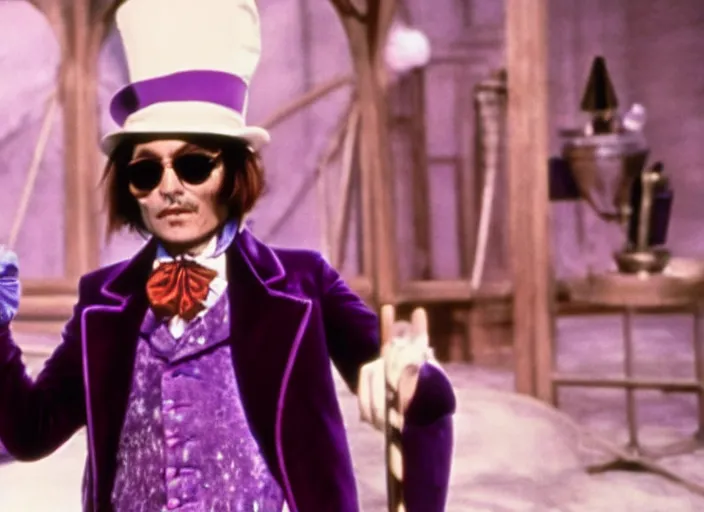 Image similar to film still of Johnny Depp as Willy Wonka in Willy Wonka and the Chocolate Factory 1971