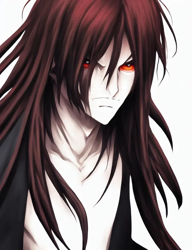 Prompt: a detailed manga portrait of a shadowy dark handsome boy with long crimson hair and glowing orange eyes and fangs, trending on artstation, digital art, 4 k resolution, detailed, high quality, sharp focus, hq artwork, coherent, insane detail, character portrait
