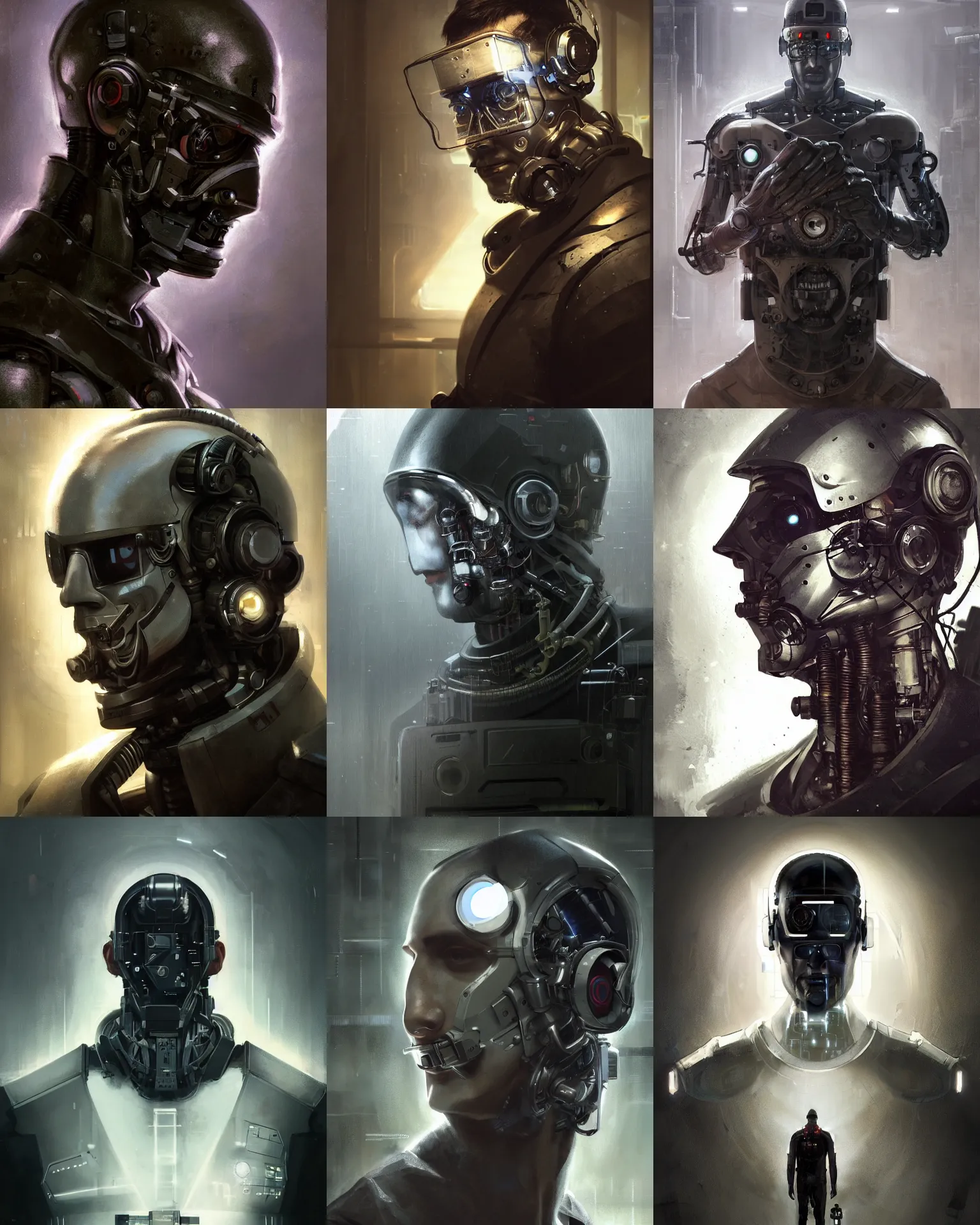 Prompt: a half - masked smart laboratory engineer man with cybernetic enhancements as seen from a distance, scifi character portrait by greg rutkowski, esuthio, craig mullins, 1 / 4 headshot, cinematic lighting, dystopian scifi gear, gloomy, profile picture, mechanical, cyborg, half robot, implants, dieselpunk