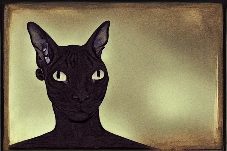 Prompt: quiet sphynx cat, painted by dave mckean and phil foglio, trending on artstation, bright front view portrait, tonalism, polaroid, long exposure, byzantine