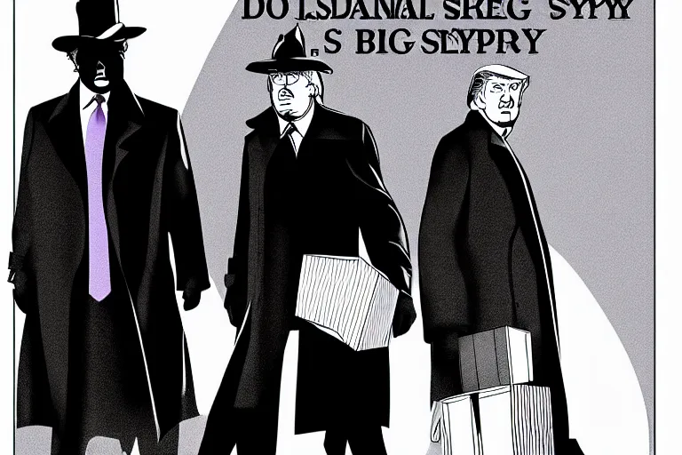 Prompt: poster matte shaded illustration of two donald trump and donald trump wearing trench coats and big black spy hats carrying boxes starring in spy vs spy