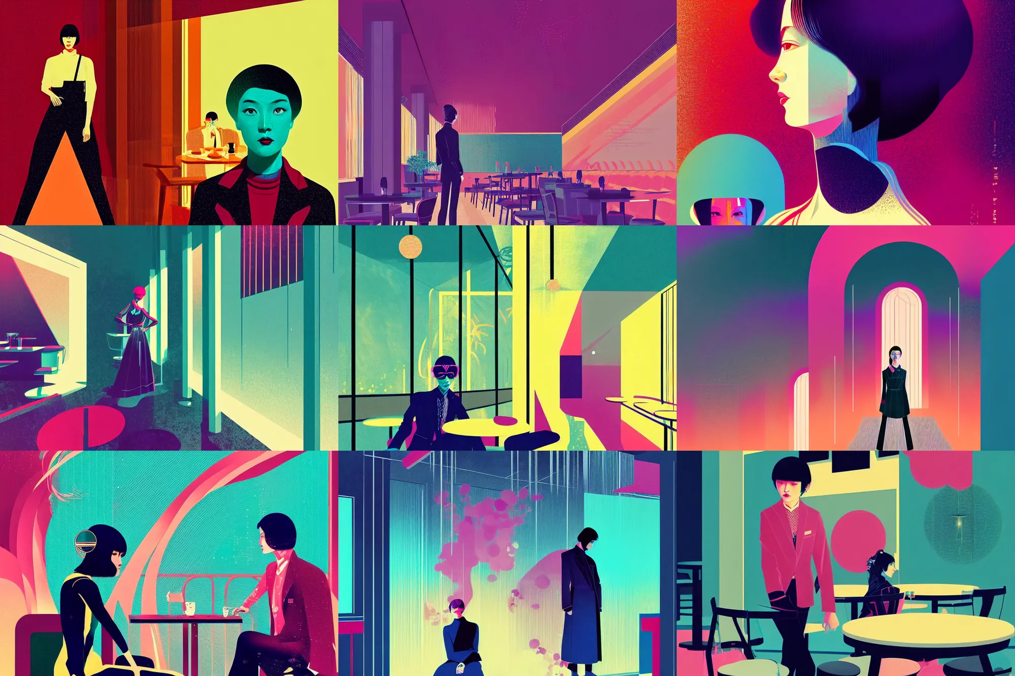 Prompt: ( ( dither ) ), editorial illustration portrait of sasaki kotoko posing inside a cafe interior, dynamic pose, modern art deco, colorful, ( ( mads berg ) ), christopher balaskas, victo ngai, rich grainy texture, detailed, dynamic composition, wide angle, matte print