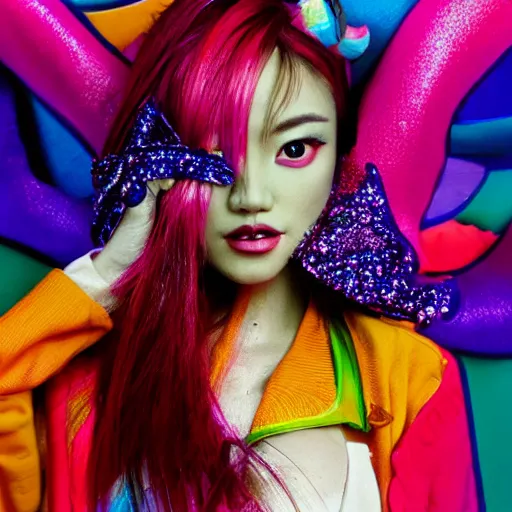 Image similar to japanese model with maximalist hair style and makeup, bright colors, fashion model, portrait shot, glitter, depth of field, 8 k, hyper detailed, intricate, trending on artstation