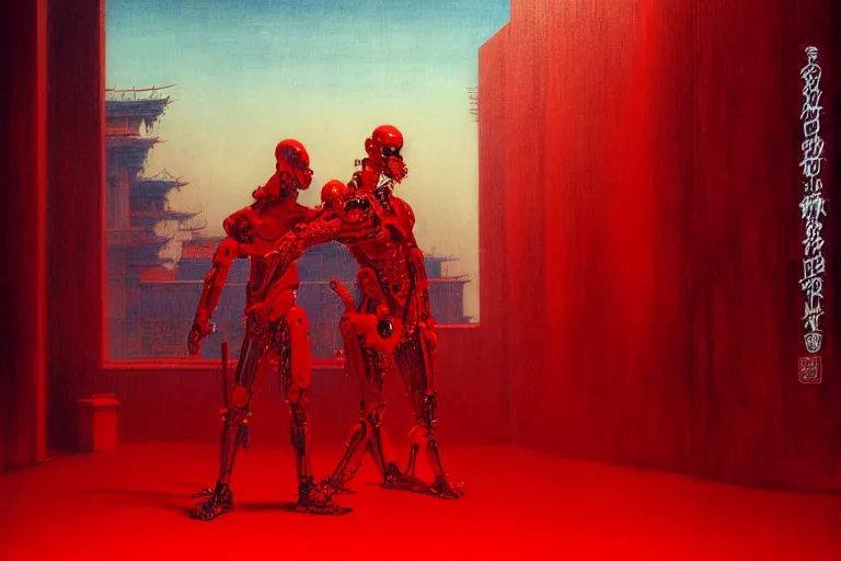 Image similar to only with red, a red cyborg samurai, tokio futuristic in background, some evil yokai fight, in the style of beksinski, parts by edward hopper, parts by rodcenko, parts by yue minjun, intricate and epic composition, red by caravaggio, insanely quality, highly detailed, masterpiece, red light, artstation, 4 k