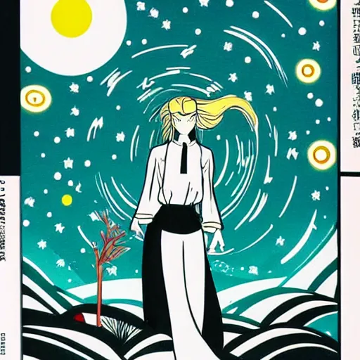 Image similar to ikea manual by osamu tezuka. a beautiful illustration of a woman with long flowing hair, wild animals, & a dark, starry night sky.