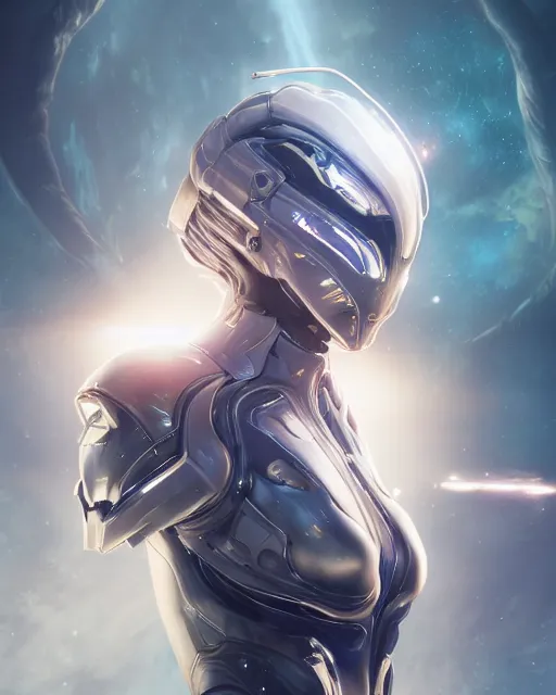 Image similar to photo of a beautiful girl on a mothership, android, warframe armor, pretty face, scifi, futuristic, galaxy, raytracing, dreamy, perfect, aura of light, pure, white hair, blue cyborg eyes, glow, insanely detailed, artstation, innocent look, art by gauthier leblanc, kazuya takahashi, huifeng huang