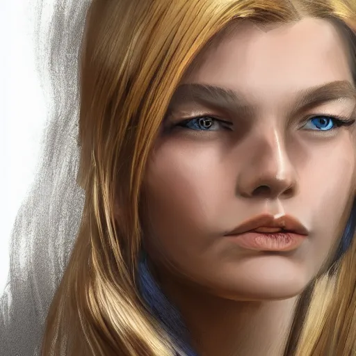 Prompt: woman with long blonde hair and blue eyes by stanley artgem lau, highly detailed, artstation trending, perfect face, straight hair 8k