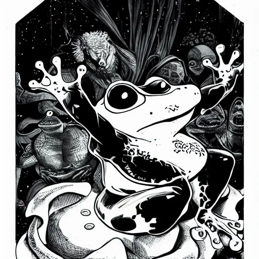 Image similar to a frog in the dr strange universe, black and white except the frog, the frog is green