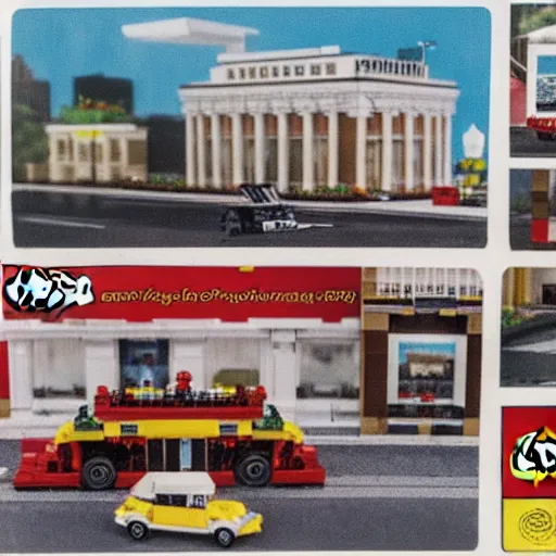 Image similar to An advertisement for a LEGO set of Dealey Plaza and the presidential motorcade