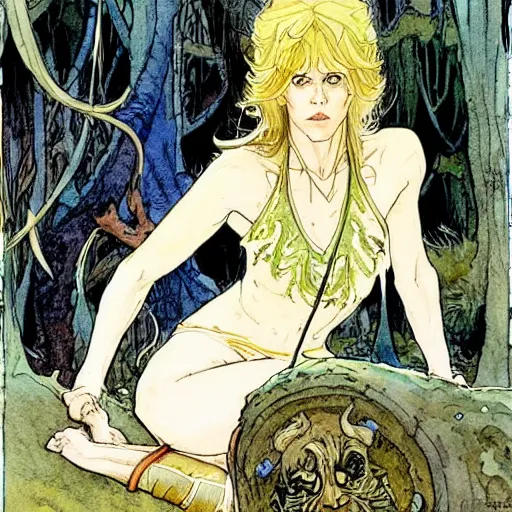 Image similar to a realistic and atmospheric watercolour fantasy character concept art upper body image of a young jane fonda in her 2 0 s posing as a druidic warrior wizard looking at the camera with an intelligent gaze by rebecca guay, michael kaluta, charles vess and jean moebius giraud