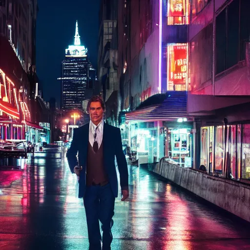 Image similar to a still of matthew mcconaughey . Shallow depth of field. City at night in background, lights, colors ,studio lighting, mood, 4K. Profession photography