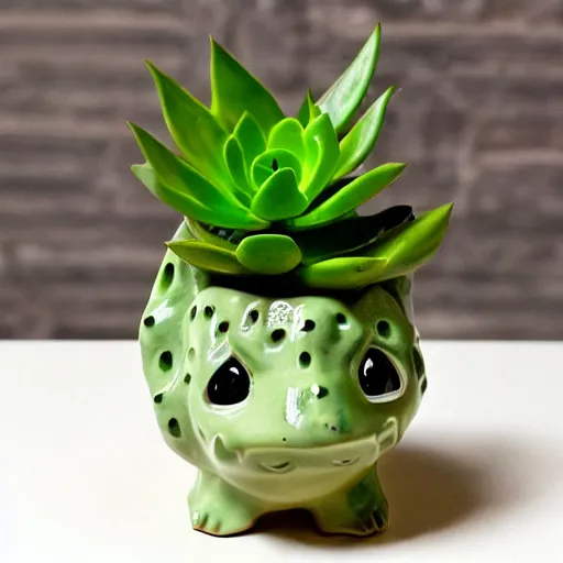 Image similar to a ceramic bulbasaur plant pot with a succulent growing in it