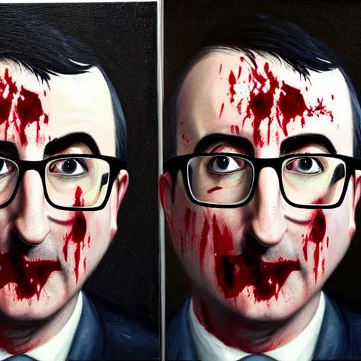 Prompt: Facial portrait. John Oliver, looking at the camera, disgusted, he is covered in blood. fear inspiring mood, intimidating. extremely detailed painting on canvas. by Greg Rutkowski and by Henry Justice Ford and by Steve Henderson. Shown in a newspaper.