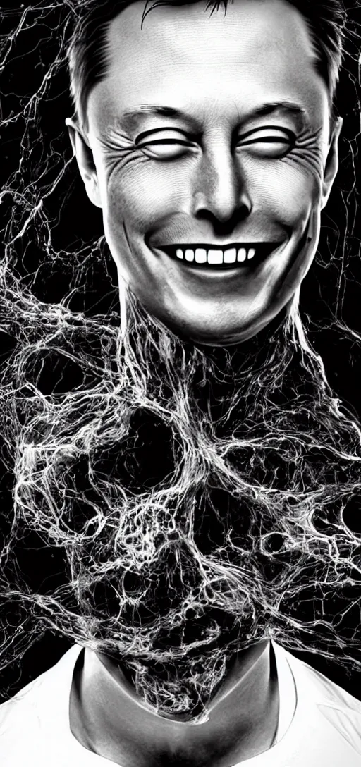 Image similar to horror picture of elon musk black oily dark body horror scary pipes wires grinning