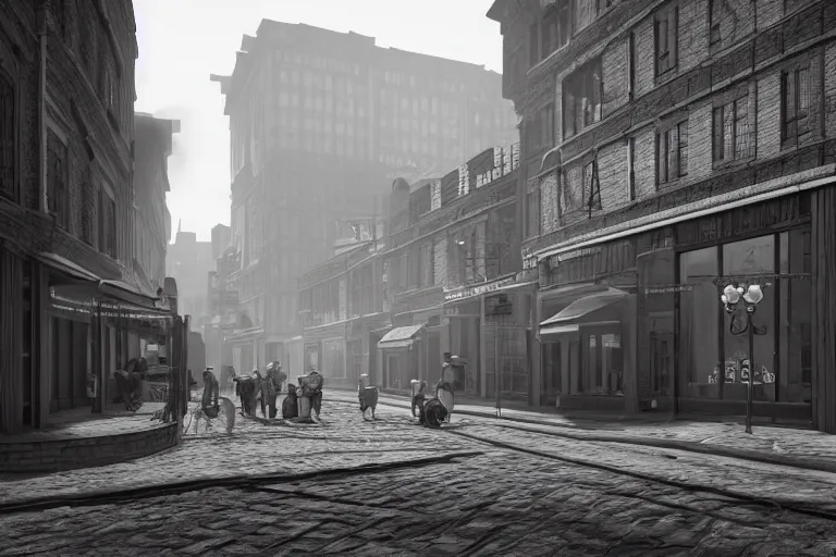 Image similar to still photo of a 1 9 0 0 s street, film noir, black and white color aesthetic, highly detailed, photorealistic portrait, bright studio setting, studio lighting, crisp quality and light reflections, unreal engine 5 quality render