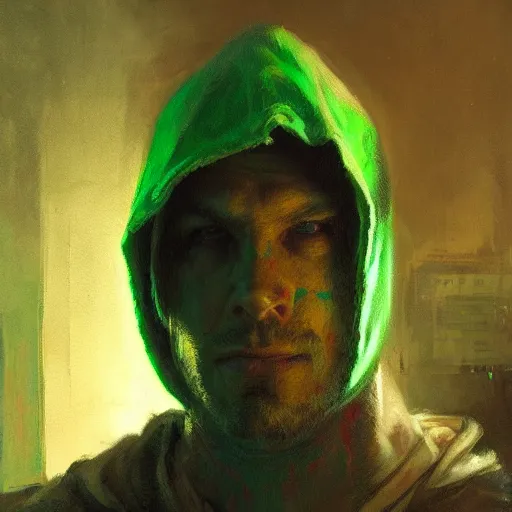 Image similar to portrait of a lost chad programmer with green hood by jeremy mann, dramatic lighting, close up