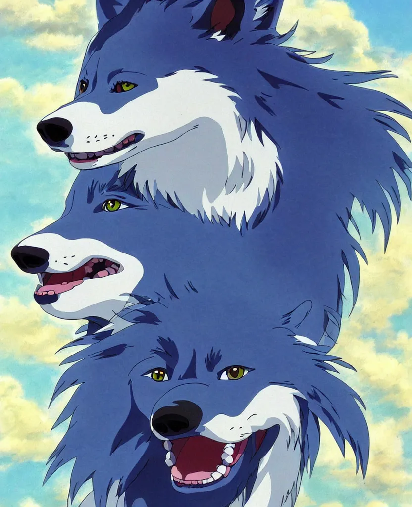 Image similar to beautiful painting from the anime film by studio ghibli, a blue anthropomorphic wolf creature petting a tiny border collie , trending on artstation