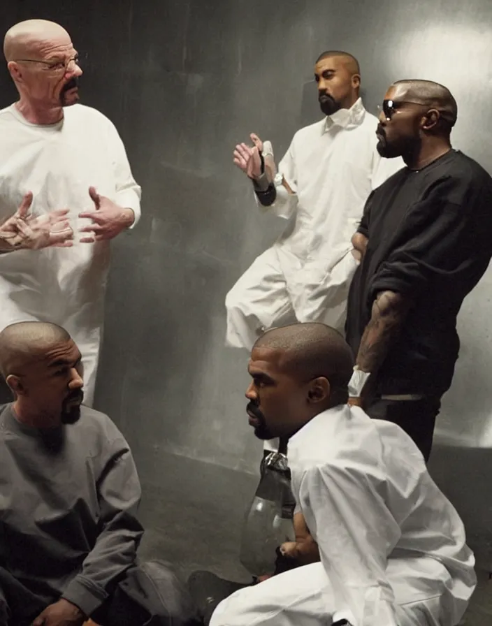 Image similar to Walter White chatting with Kanye West in a club, bad quality, phone photo, leaked photo, paparazzi photo, realistic, 720p