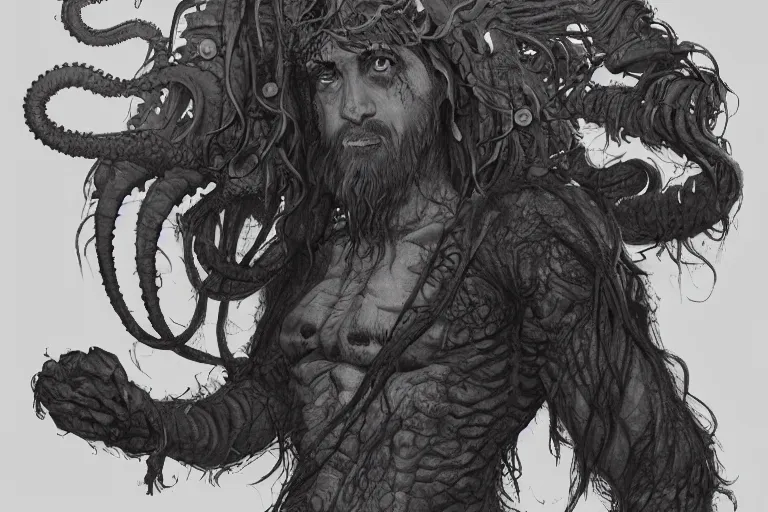 Image similar to A Cthulu-Jesus crossbreed, illustrated by Antoine Verney-Carron and J. Lesaffre, trending on artstation, 4k, 8k, artstation 3d render, artstation 3d, artstation graphics, artstation lighting