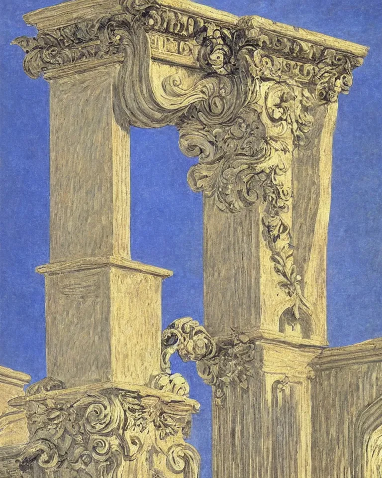 Image similar to achingly beautiful painting of intricate ancient roman corinthian capital on sapphire background by rene magritte, monet, and turner. giovanni battista piranesi.