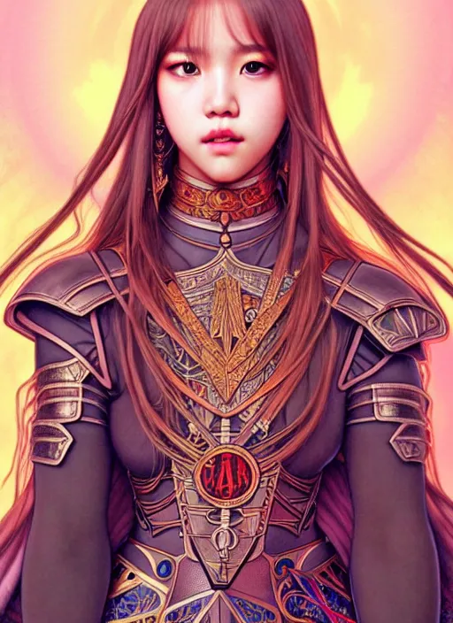 Image similar to lalisa manoban of blackpink, medieval armor, tarot card, highly detailed, digital painting, smooth, sharp focus, illustration, ultra realistic, 8 k, art by artgerm and alphonse mucha