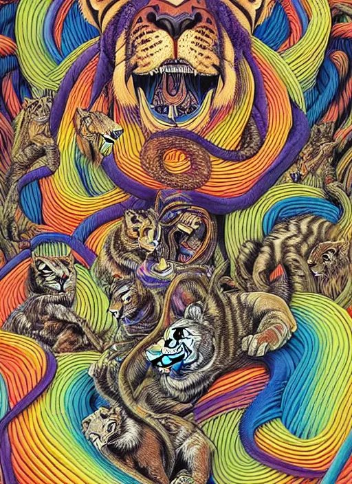 Prompt: lions and tiger and bears dissolving into melted liquid braids, cubensis, aztec, basil wolverton, r crumb, hr giger, mc escher, dali, muted but vibrant colors, rainbow tubing, ribbons and folds