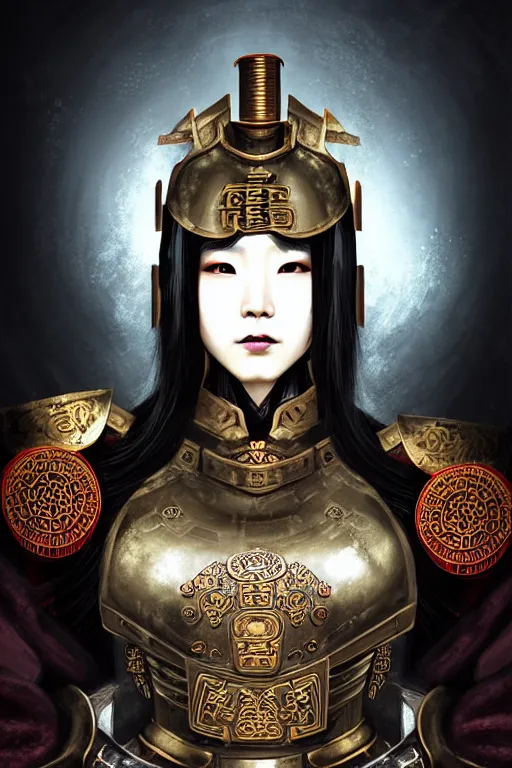 Image similar to beautiful and divine and luxury and evil and dieselpunklpunk three kingdom chinese female armor knight portrait+smoky eyes, ssci-fi, fantasy, neon light, inside the chinese temple, art and illustration by tian zi and craig mullins and WLOP and alphonse mucha, fantasy, intricate complexity, human structure, human anatomy, fantasy character concept, watermark, blurry, hyperrealism 8k