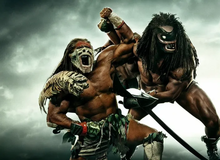 Prompt: the ultimate warrior fighting the predator, movie still, from the new predator movie, 8 k, realistic