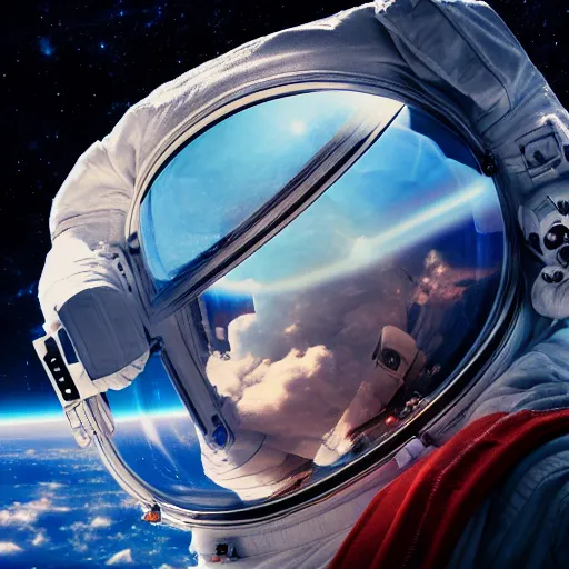 Image similar to astronaut in space floating in the eye of the universe, photo-realistic, hyper-realistic, cinematography, 8k, HD, highly detailed, dreamy