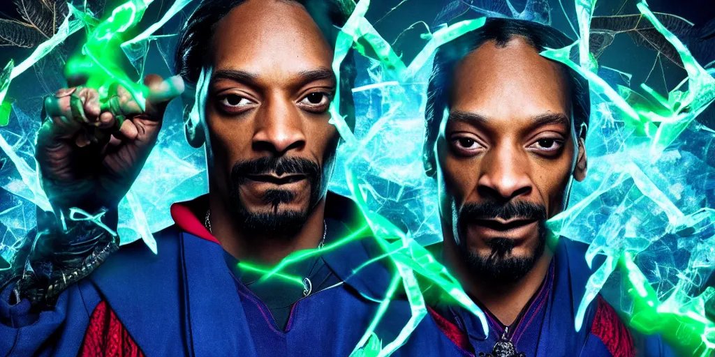 Prompt: snoop dogg as doctor strange, multiple dimensions, broken glass, green light, marijuana leaves, marijuana, highly detailed, film still, new avengers movie, 4 k,