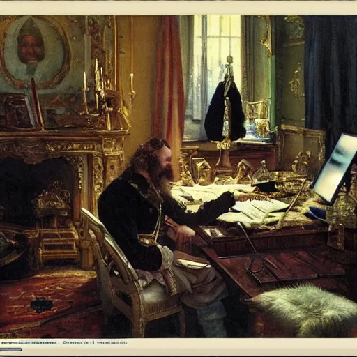 Image similar to russian tsar Peter The Great 18th century installs operating system ubuntu on desktop computer laptop by vasnetsov and surikov serov, JEAN-VICTOR BERTIN, by Terence Cuneo, detailed, artfully traced, 4k resolution, cinematic, dramatic