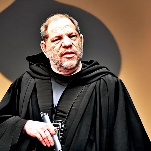 Prompt: Harvey Weinstein dressed in the dark black robes of a Sith lord, holding a red lightsaber