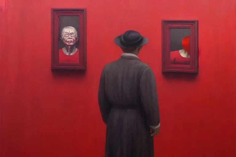 Image similar to only with red, a red old stylish man try to sell a portrait, crowd cheering, in a city square, in the style of beksinski, parts by edward hopper, parts by rodcenko, parts by yue minjun, intricate and epic composition, red by caravaggio, insanely quality, highly detailed, masterpiece, red light, artstation, 4 k