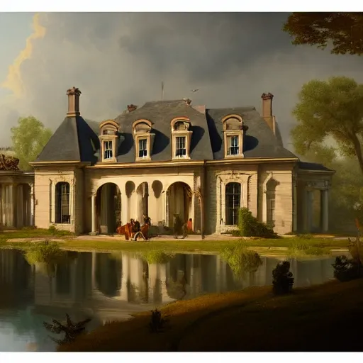 Prompt: a large serene beautiful matte painting of a quaint french country mansion, by asher brown durand and greg rutkowski, featured on artstation, blue and orange color scheme