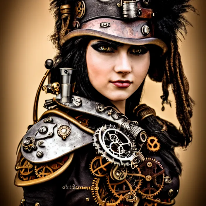 Image similar to photograph of a beautiful steampunk warrior. extremely detailed. dslr. 5 0 mm.