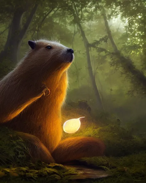 Prompt: oil painting of Anthropomorphized Capybara Druid casting green magic spell, wearing leaf cloak, glowing eyes, sharp focus, fantasy style, octane render, volumetric lighting, 8k high definition, by greg rutkowski, highly detailed, trending on art Station, magic the gathering artwork, magical forest backround, centered