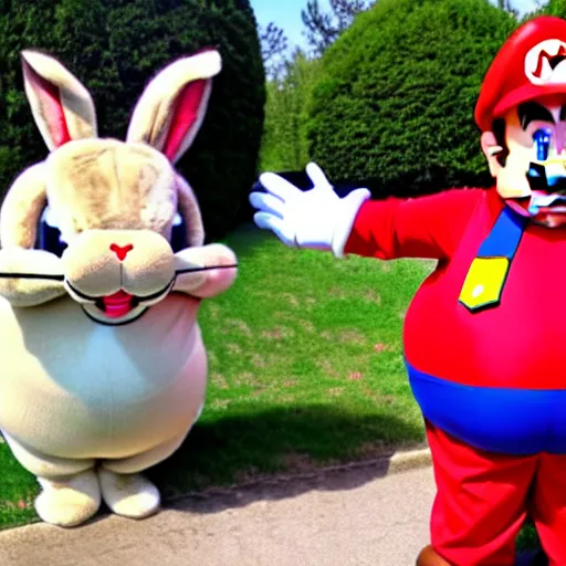 Prompt: real life big chungus dressed like mario, super mario with bunny ears, big chungus mario, fat bugs bunny, high resolution photo