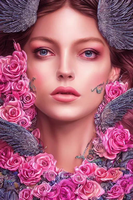 Prompt: beautiful young woman's face, magical, angelic wings, flowers, intricate, synth-wave, retrowave, highly-detailed, elegant, dramatic lighting, gorgeous face, lifelike, photorealistic face, long luxurious intricate gown, digital painting, artstation, illustration, concept art, smooth, sharp focus, art by Craig Russel, Barry Smith, artgerm, and Albert Aublet and Krenz Cushart and Artem Demura and Alphonse Mucha