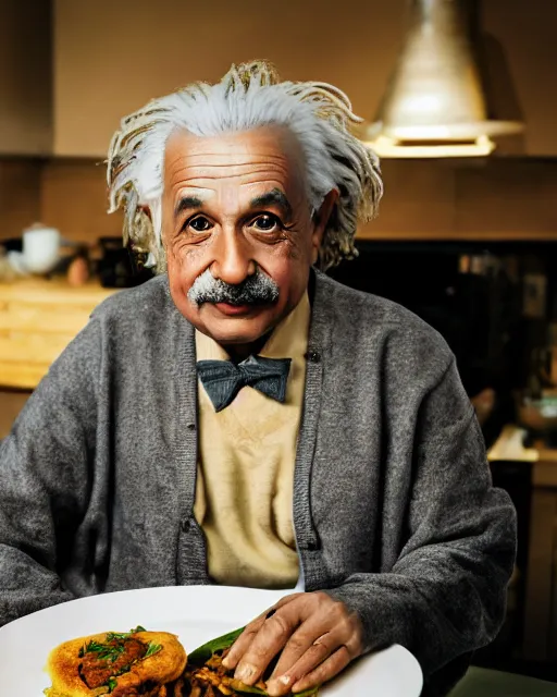 Prompt: a portrait of albert einstein sitting at the dining table with a plate containing chole bhature in front of him, highly detailed, trending on artstation, bokeh, 9 0 mm, f / 1. 4