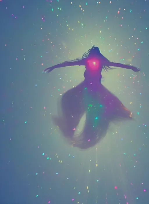 Image similar to female ascending into the sky, glowing aura, motion blur, out of focus, film grain, cinematic lighting, experimental film, shot on 1 6 mm