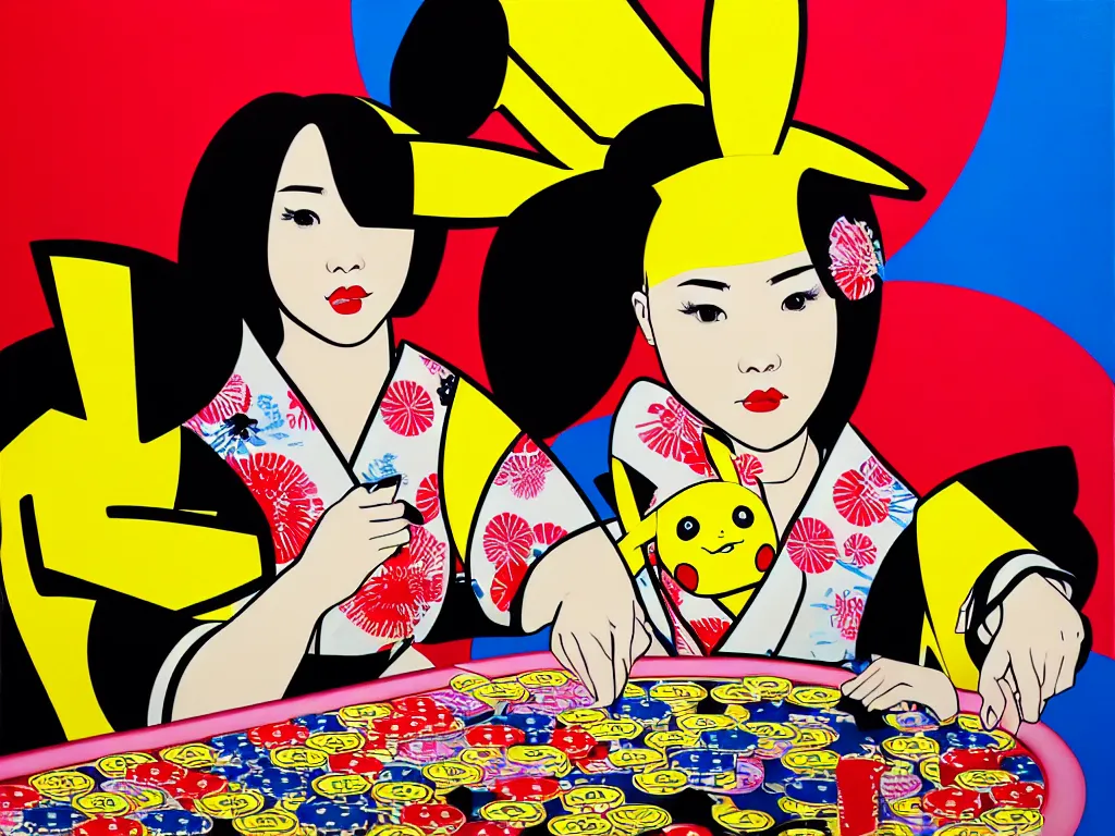 Image similar to hyperrealism composition of the detailed woman in a japanese kimono sitting at a poker table with pikachu, fireworks on the background, pop - art style, jacky tsai style, andy warhol style, acrylic on canvas