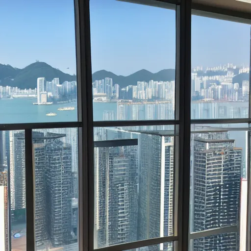 Prompt: view from the inside of an apartment in a high - rise skyscrapper in hong - kong, view of the bay and mountains, wide shot