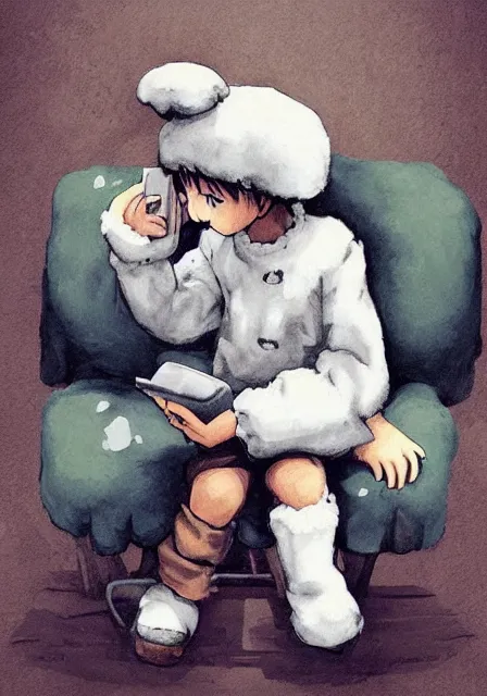 Image similar to beautiful little boy wearing sheep suit using a smartphone while sitting on chair, gray, blue, green and brown pallet color. made in abyss art style, inspired in kris from deltarrune, cute detailed artwork, anatomically correct, soft details,, reflection