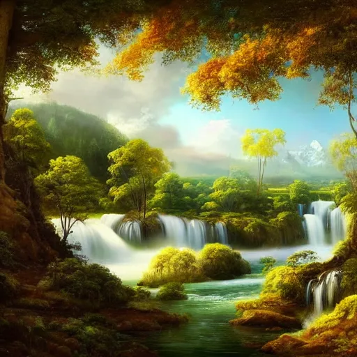 Prompt: the most beautiful panoramic landscape, oil painting, where a giant dreamy waterfall creates a river, the trees around are starting to bloom, cinematic lighting, highly detailed