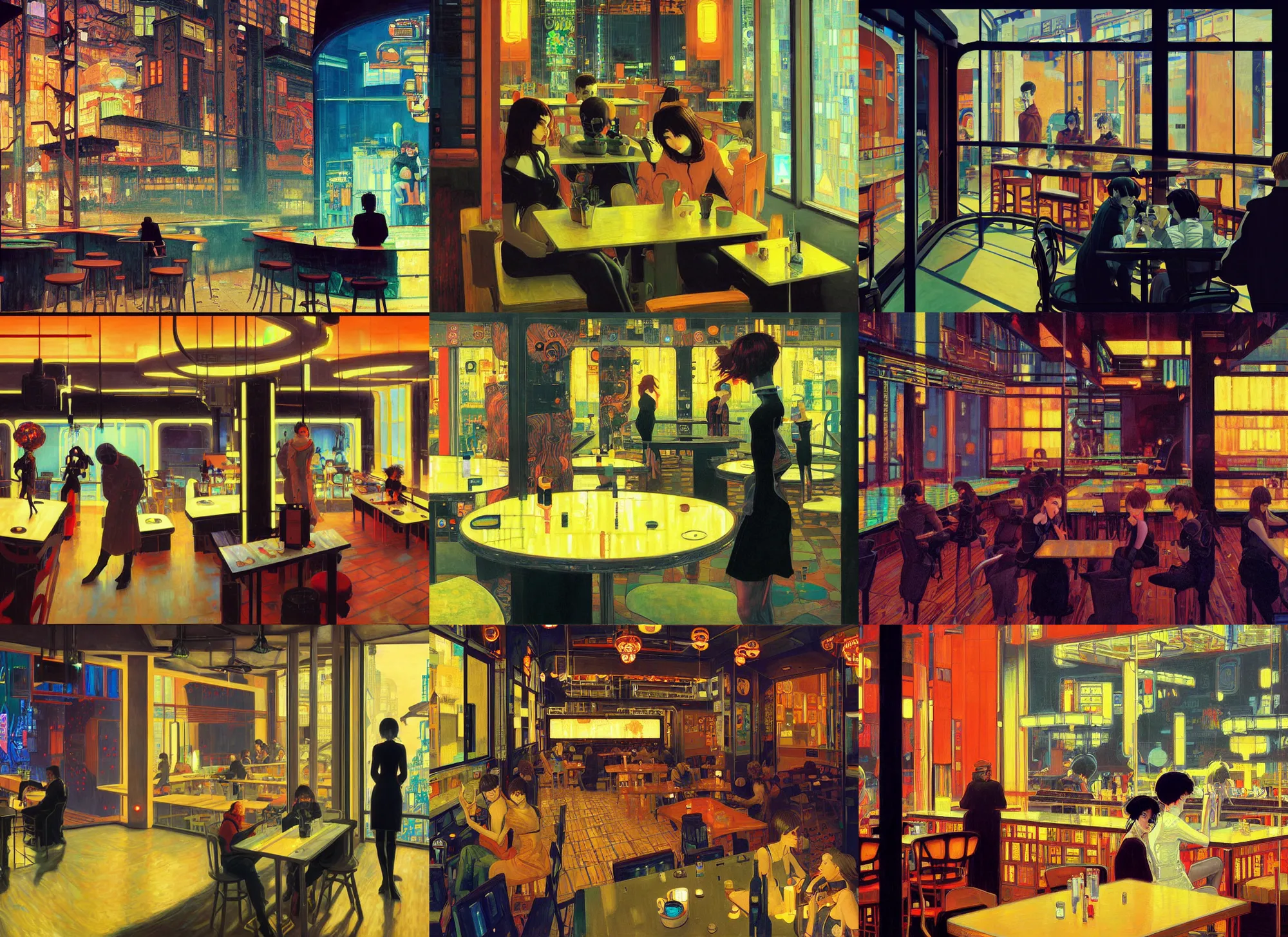 Prompt: A cyberpunk cafe painted by Ilya Kuvshinov and Gustav Klimt and Edward Hopper