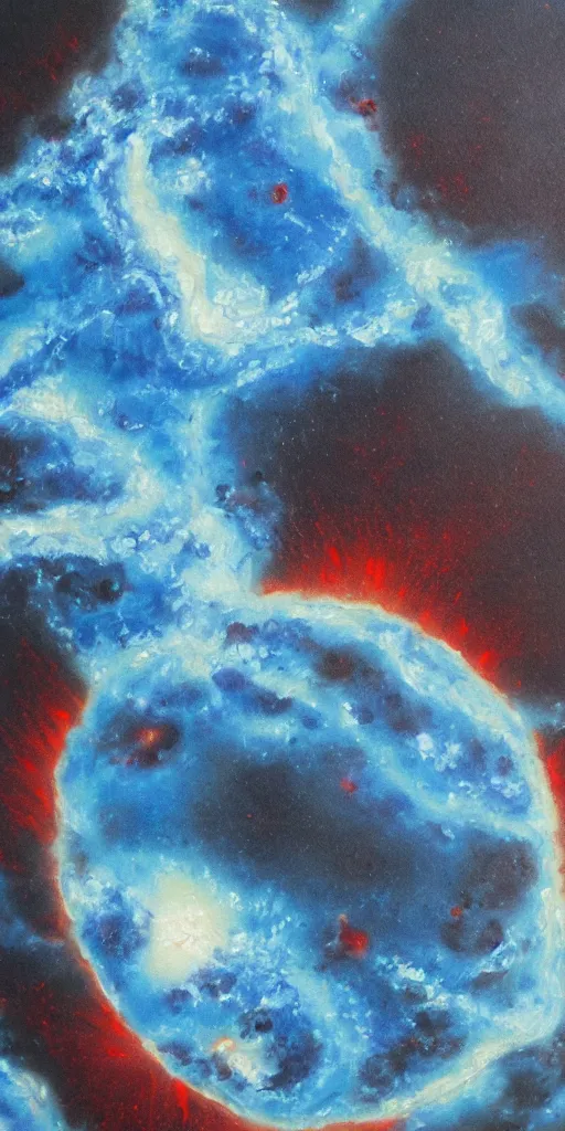 Prompt: a lava and water planet, half image, oil painting