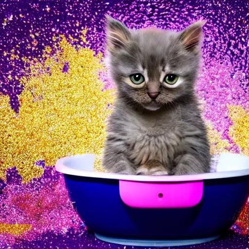 Image similar to kitten bathing itself with a glitter explosion, 8k, award winning photo, digital art