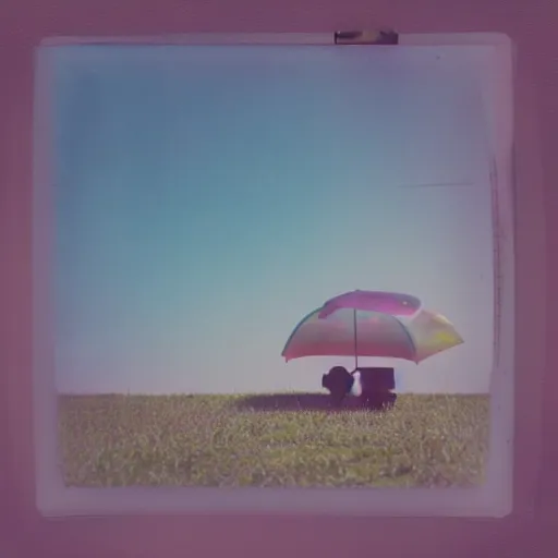 Image similar to a pastel coloured Polaroid photo of a sunbed and umbrella made of transparent iridescent perspex stood in a field, beams of light, nostalgic